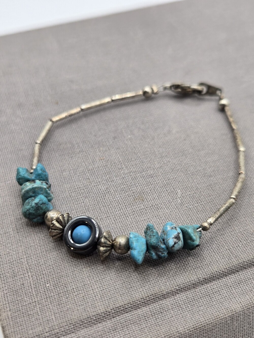 Silver Turquoise Hematite Western Bugle Bead Bracelet 7" VTG Boho Southwest